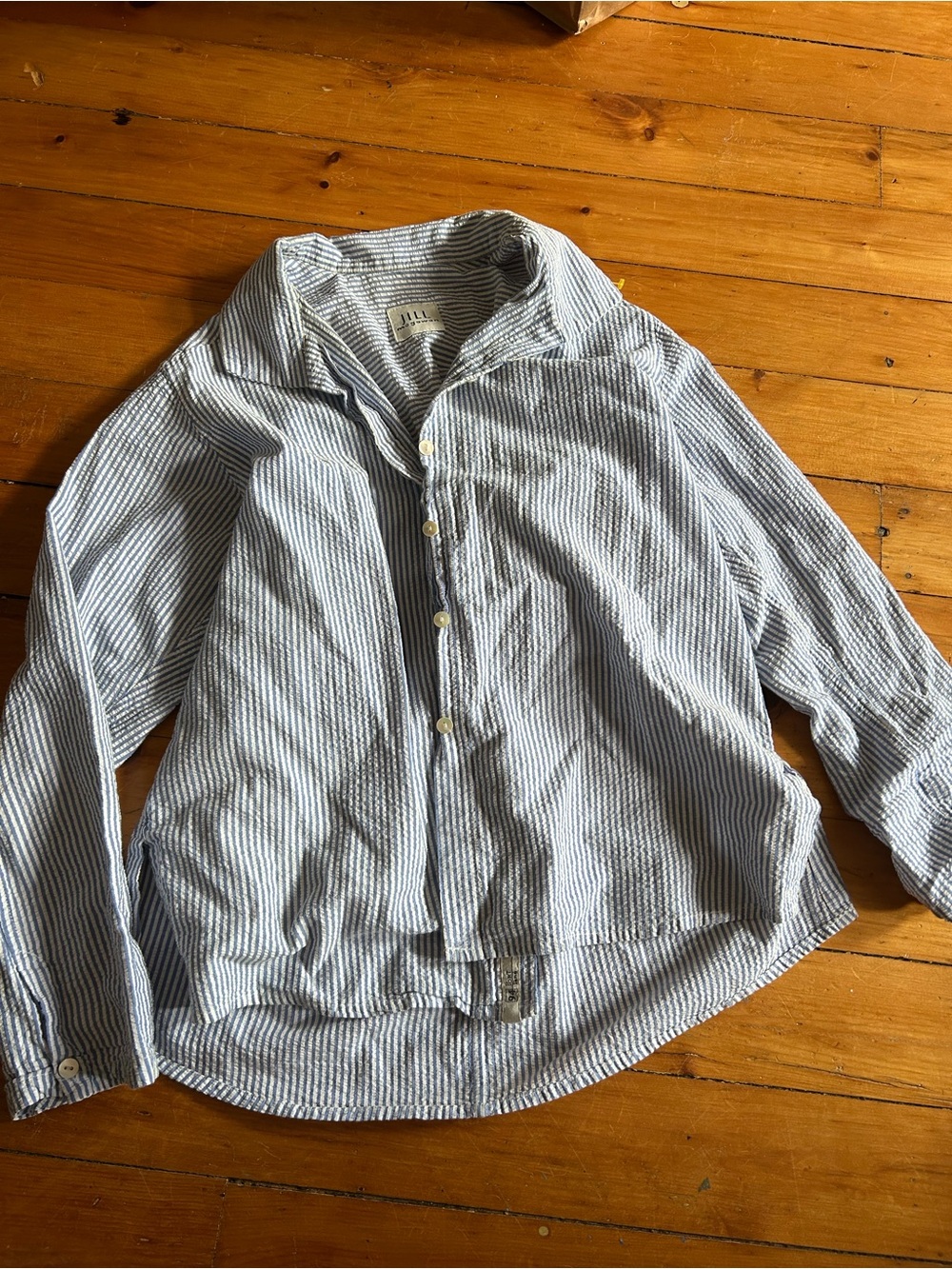 Jill Mogowan blue white striped button down shirt USA cotton small see stains